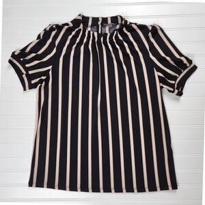 Adriana‎ Papell Womens Size Medium Blouse Black Striped Short Sleeve Pleated